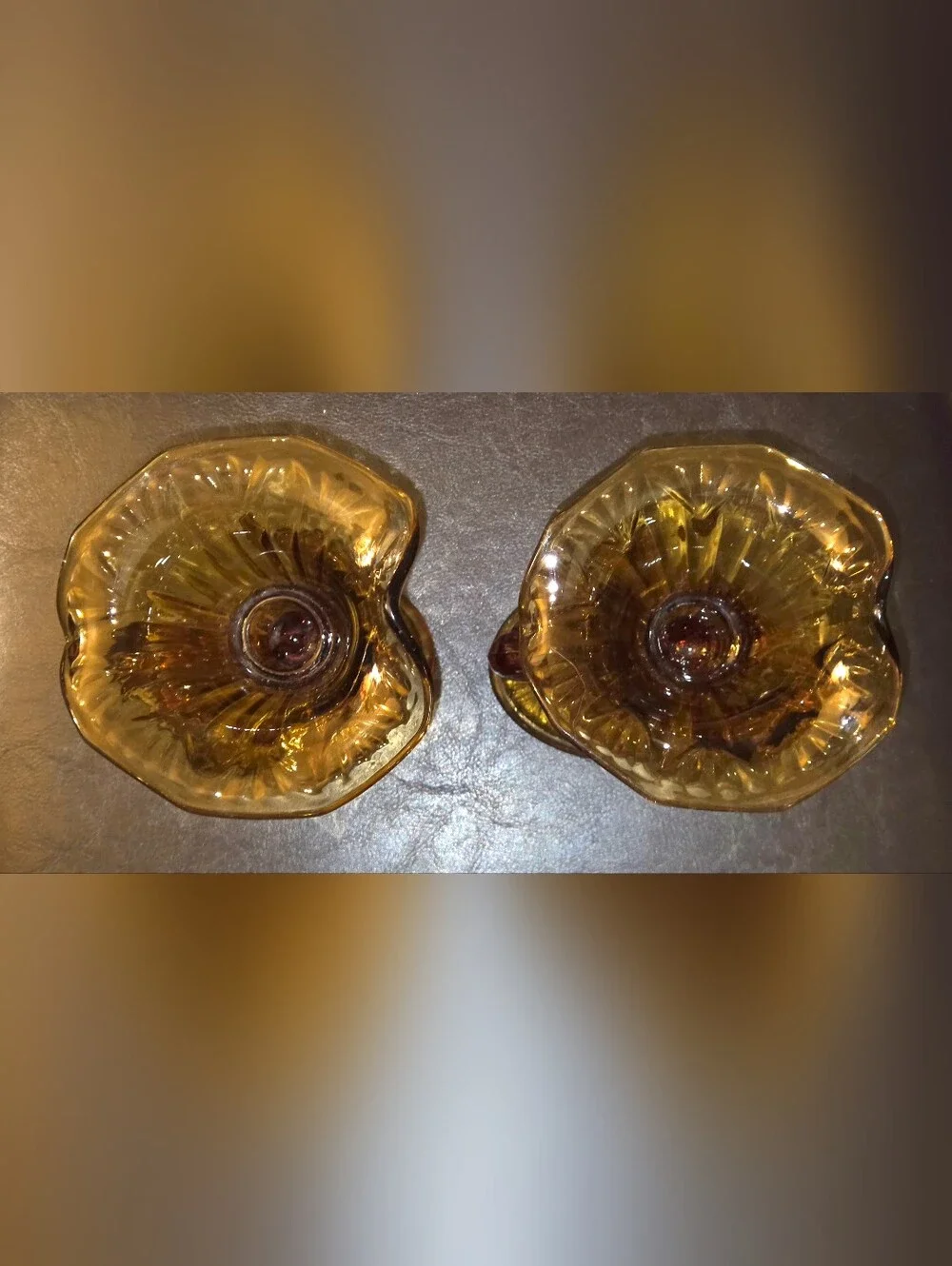 Set of Fenton Amber Glass Cornucopia Candleholders w Ruffled Rims & Fluted Base